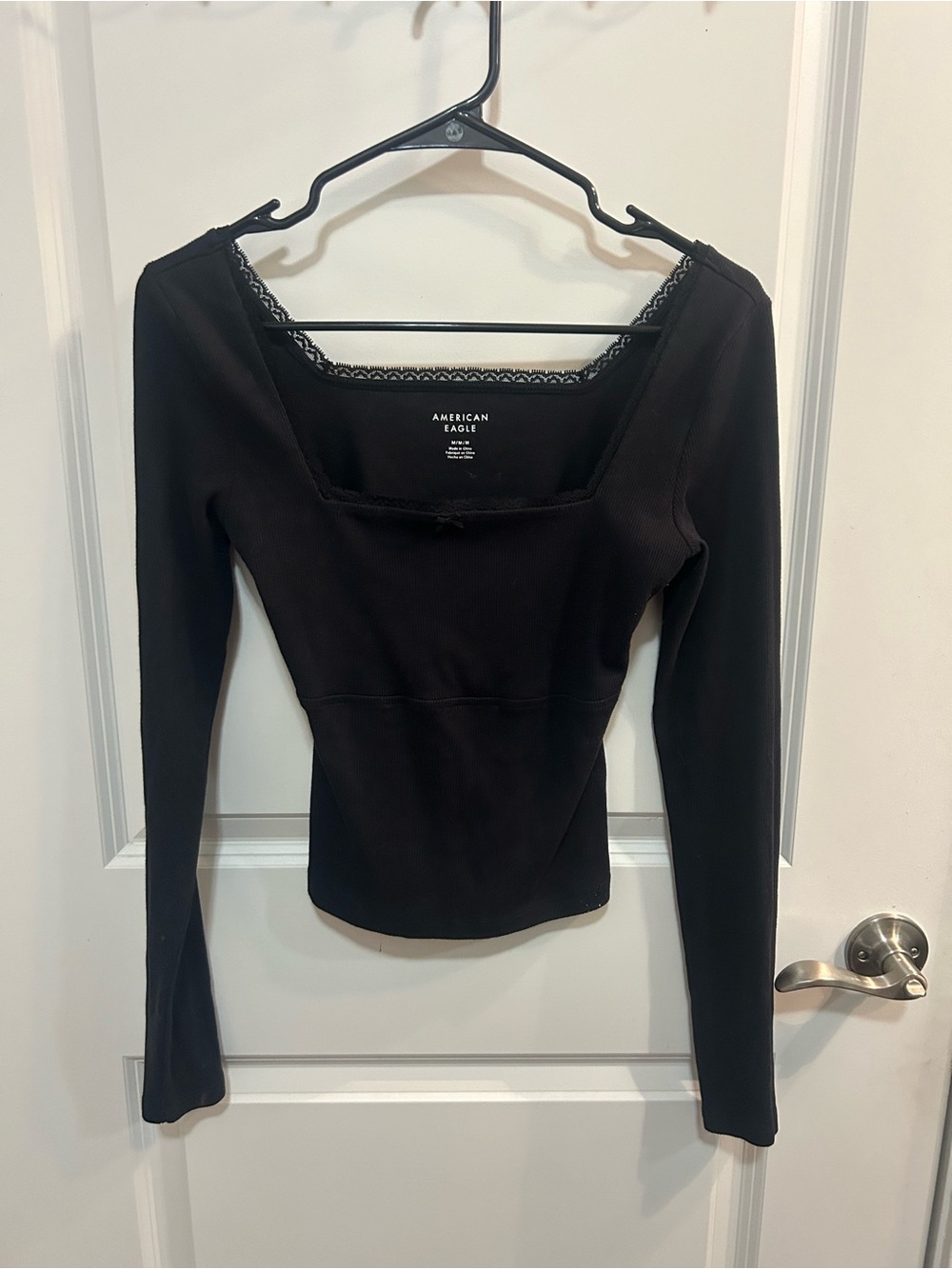 American Eagle Black Long Sleeve Square Neck Ribbed Lace Trim Top Size M Y2K